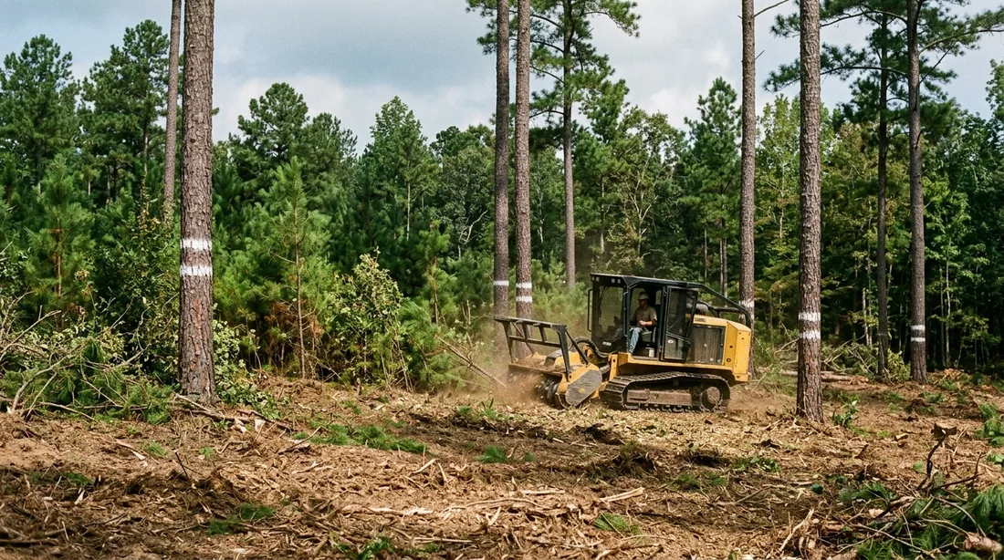 Marked keeper trees stay standing while everything beneath them is removed — Tuscaloosa, AL