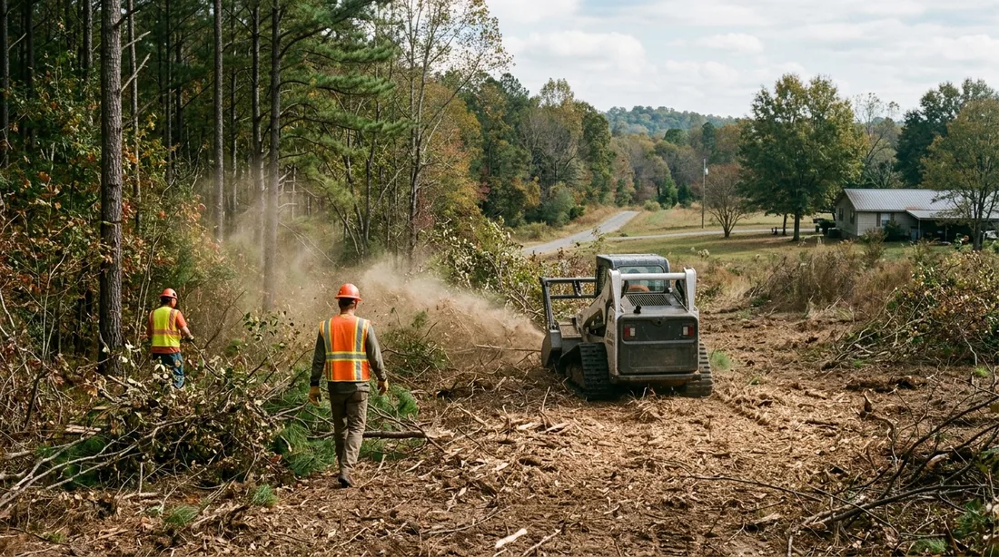A small professional crew working on a forestry mulching job at a property, seen from behind and at — Tuscaloosa, AL
